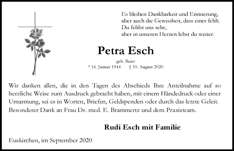  Traueranzeige für Petra Esch vom 05.09.2020 aus  Blickpunkt Euskirchen 