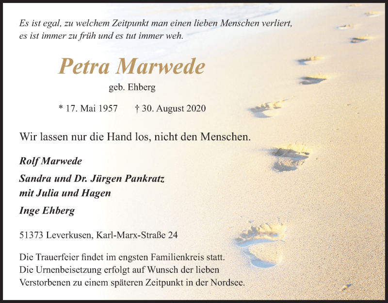  Traueranzeige für Petra Marwede vom 03.09.2020 aus Kölner Stadt-Anzeiger / Kölnische Rundschau / Express