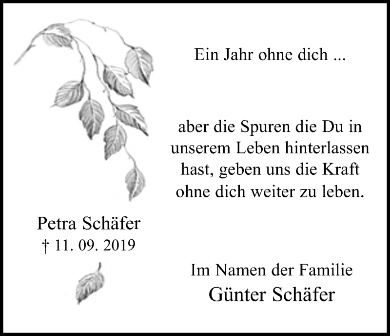 Traueranzeige für Petra Schäfer vom 12.09.2020 aus Kölner Stadt-Anzeiger / Kölnische Rundschau / Express