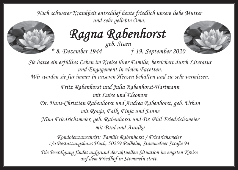  Traueranzeige für Ragna Rabenhorst vom 25.09.2020 aus  Wochenende 