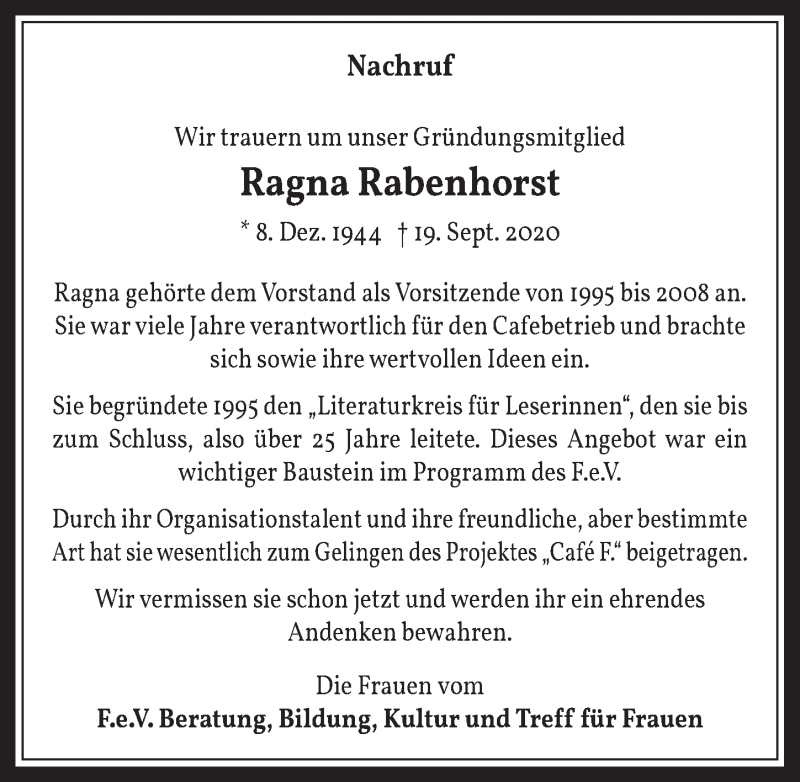  Traueranzeige für Ragna Rabenhorst vom 01.10.2020 aus  Wochenende 
