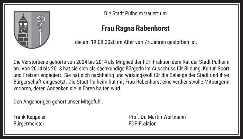  Traueranzeige für Ragna Rabenhorst vom 01.10.2020 aus  Wochenende 
