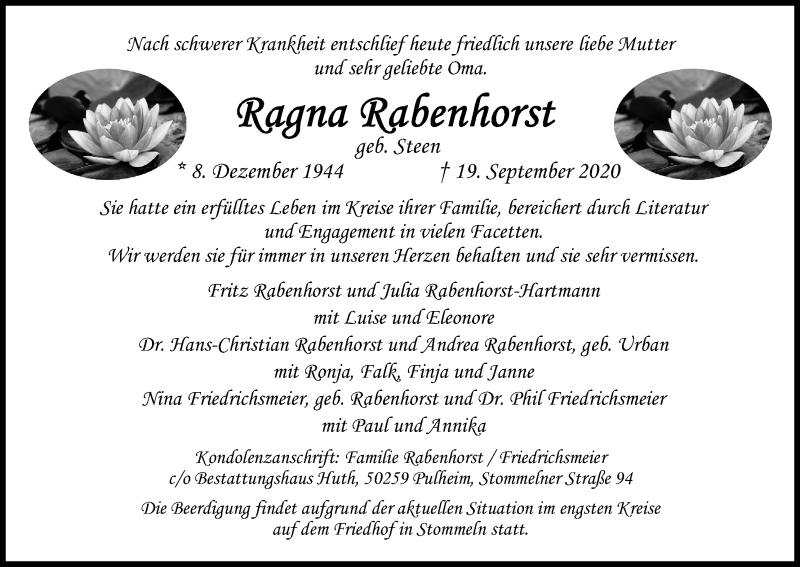  Traueranzeige für Ragna Rabenhorst vom 26.09.2020 aus Kölner Stadt-Anzeiger / Kölnische Rundschau / Express