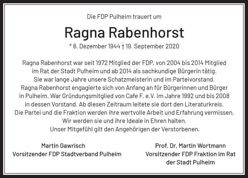  Traueranzeige für Ragna Rabenhorst vom 01.10.2020 aus  Wochenende 