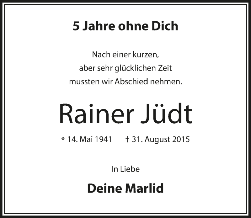  Traueranzeige für Rainer Jüdt vom 04.09.2020 aus  Lokalanzeiger 