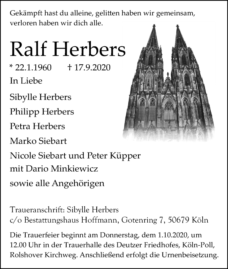  Traueranzeige für Ralf Herbers vom 26.09.2020 aus Kölner Stadt-Anzeiger / Kölnische Rundschau / Express