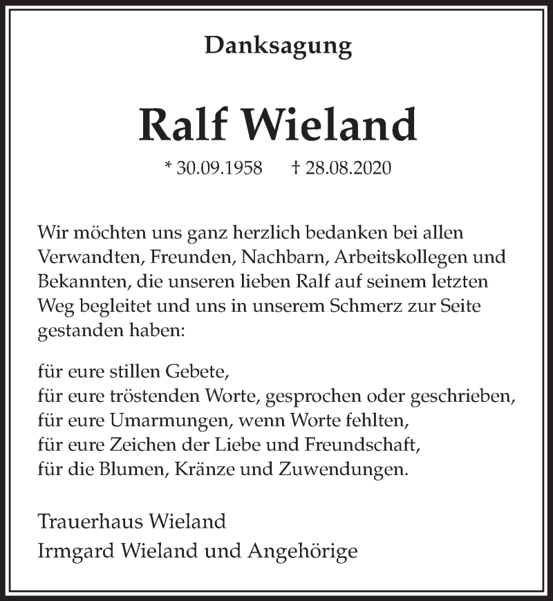  Traueranzeige für Ralf Wieland vom 01.10.2020 aus  Schlossbote/Werbekurier 