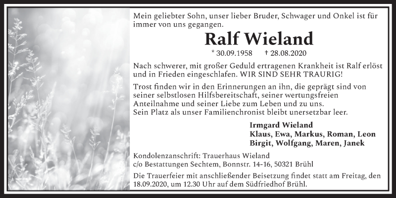  Traueranzeige für Ralf Wieland vom 11.09.2020 aus  Schlossbote/Werbekurier 