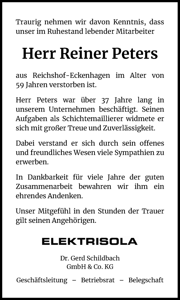  Traueranzeige für Reiner Peters vom 23.09.2020 aus Kölner Stadt-Anzeiger / Kölnische Rundschau / Express