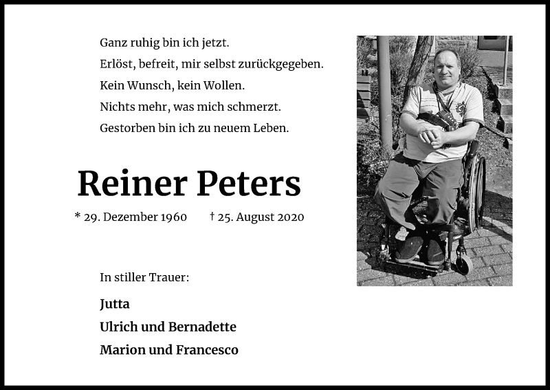  Traueranzeige für Reiner Peters vom 19.09.2020 aus Kölner Stadt-Anzeiger / Kölnische Rundschau / Express