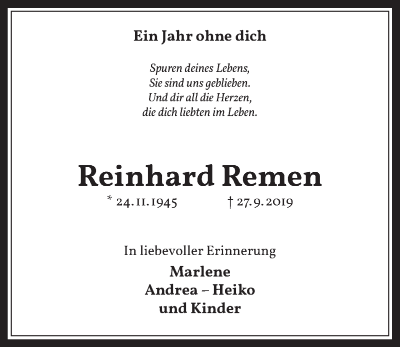  Traueranzeige für Reinhard Remen vom 25.09.2020 aus  Werbepost 