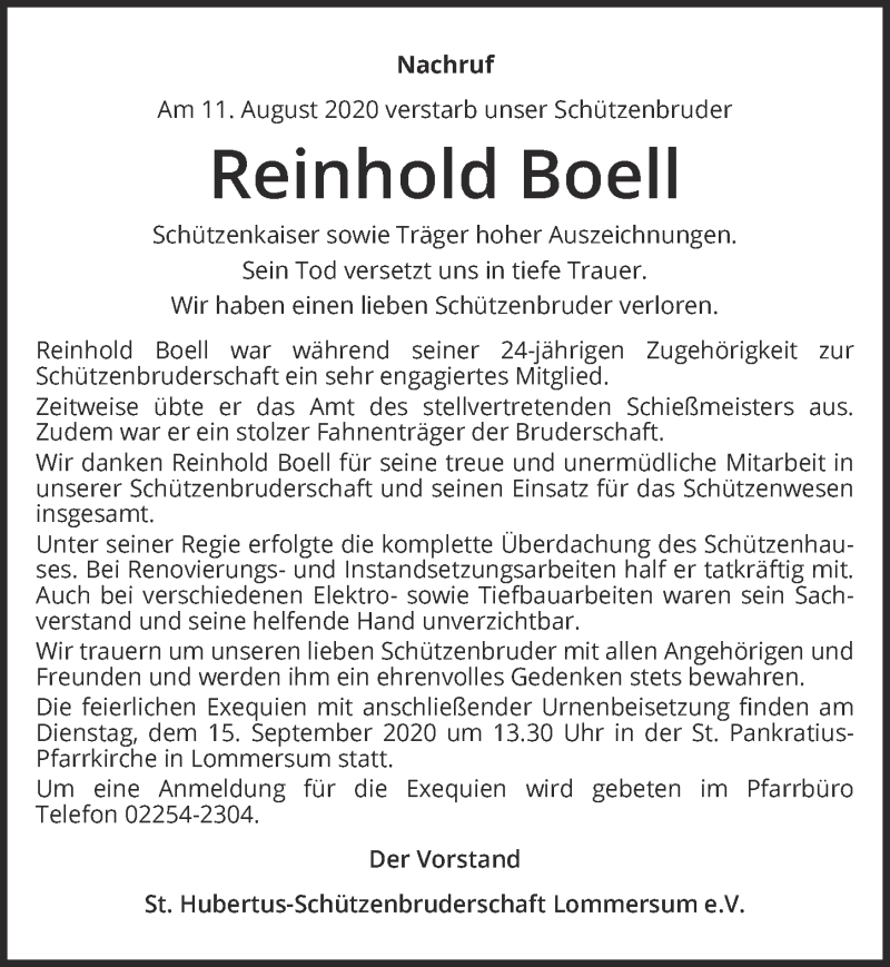  Traueranzeige für Reinhold Boell vom 05.09.2020 aus  Blickpunkt Euskirchen 