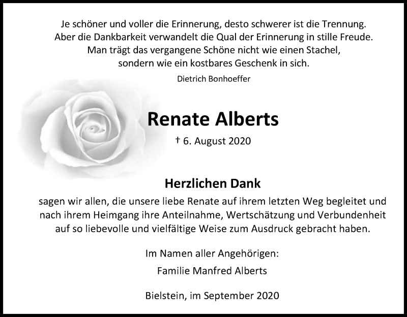  Traueranzeige für Renate Alberts vom 19.09.2020 aus Kölner Stadt-Anzeiger / Kölnische Rundschau / Express