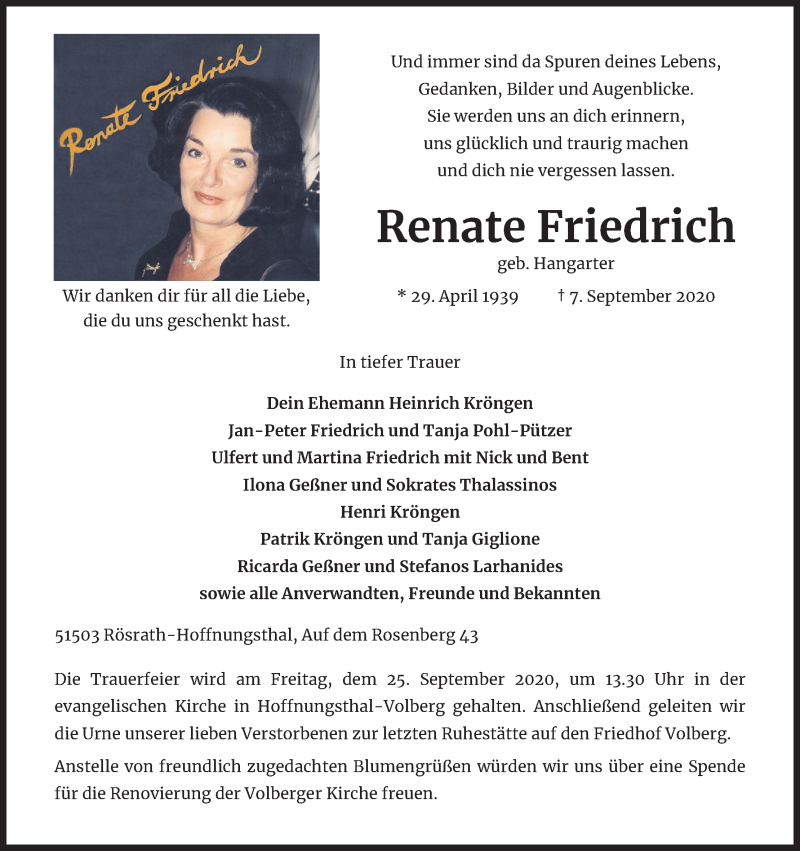  Traueranzeige für Renate Friedrich vom 19.09.2020 aus Kölner Stadt-Anzeiger / Kölnische Rundschau / Express