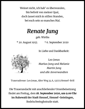 Anzeige von Renate Jung von Kölner Stadt-Anzeiger / Kölnische Rundschau / Express