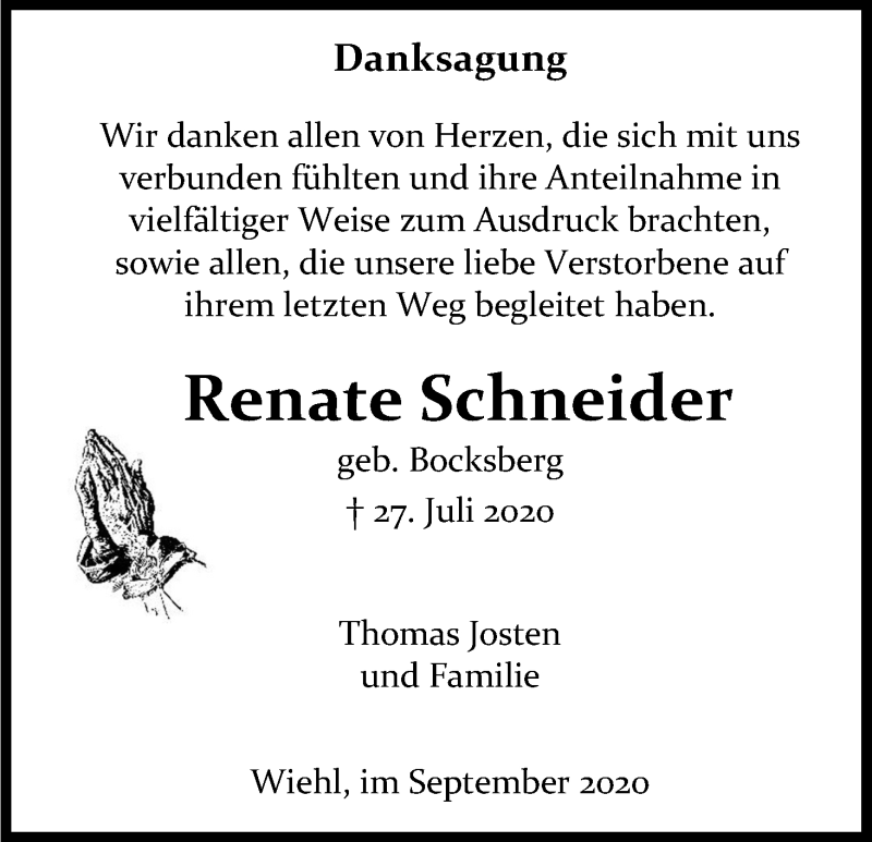  Traueranzeige für Renate Schneider vom 12.09.2020 aus Kölner Stadt-Anzeiger / Kölnische Rundschau / Express