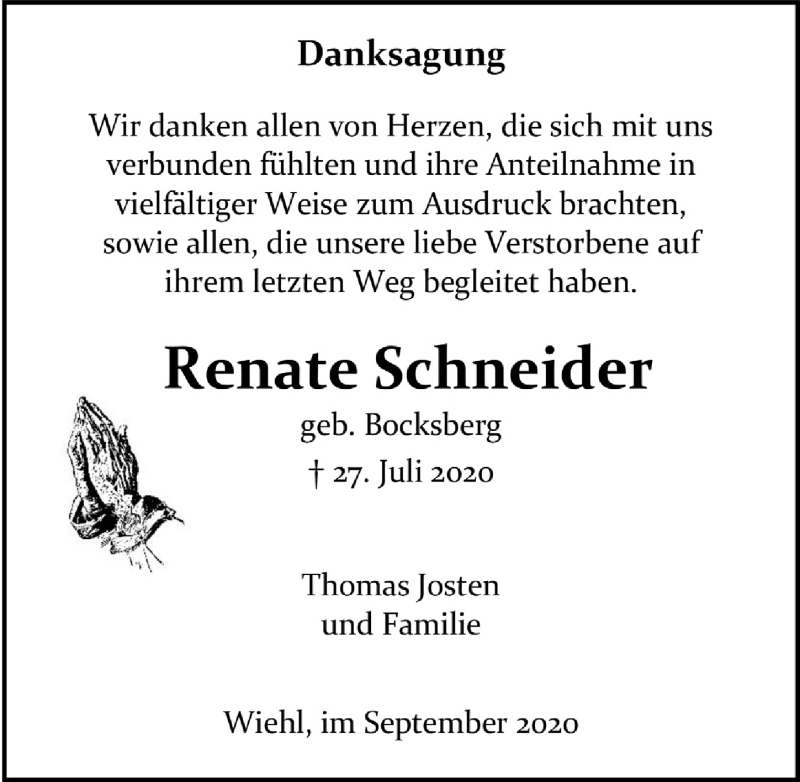  Traueranzeige für Renate Schneider vom 11.09.2020 aus  Anzeigen Echo 