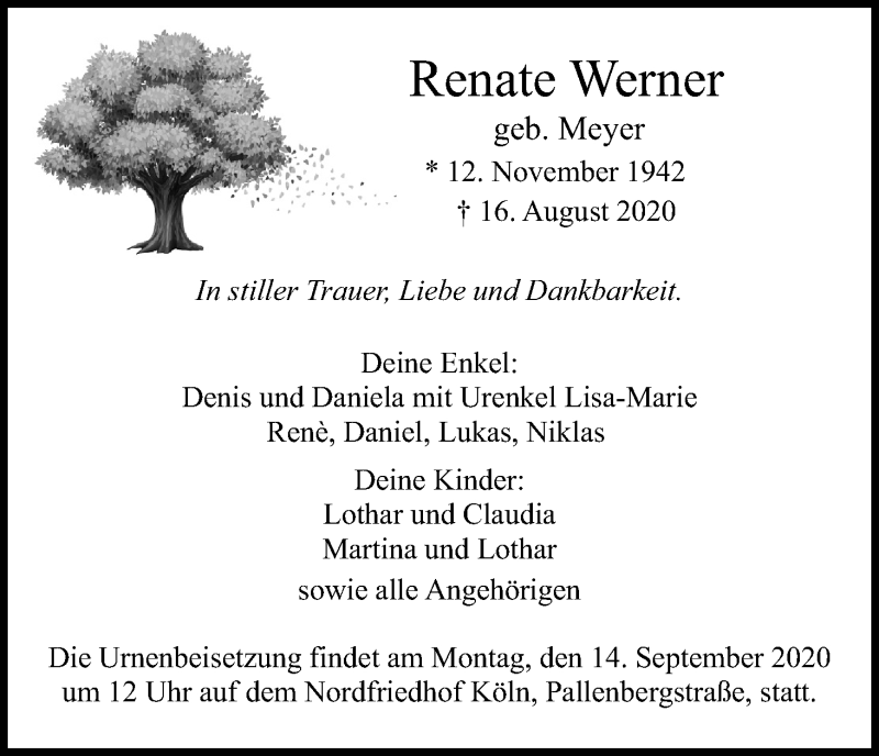  Traueranzeige für Renate Werner vom 05.09.2020 aus Kölner Stadt-Anzeiger / Kölnische Rundschau / Express