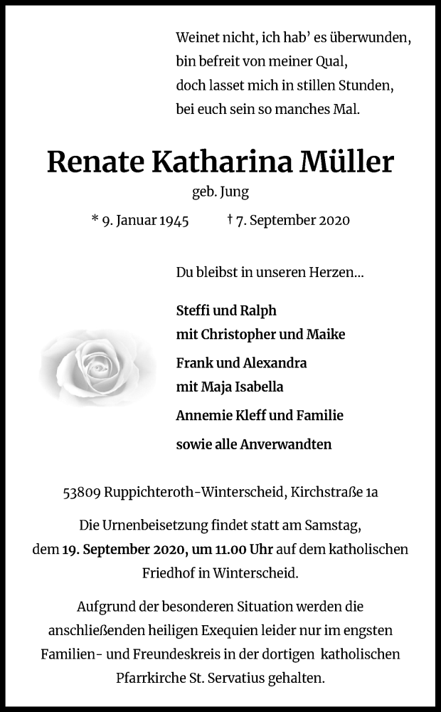 Traueranzeige für Renate Katharina Müller vom 11.09.2020 aus Kölner Stadt-Anzeiger / Kölnische Rundschau / Express
