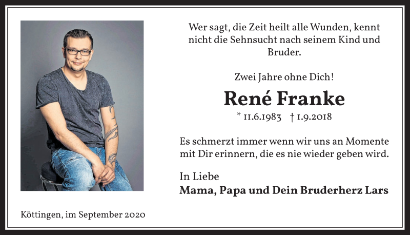  Traueranzeige für René Franke vom 04.09.2020 aus  Werbepost 