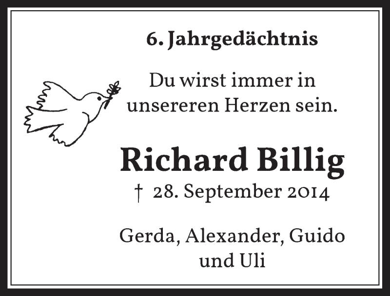  Traueranzeige für Richard Billig vom 01.10.2020 aus  Werbepost 