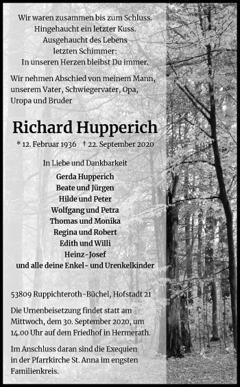 Anzeige von Richard Hupperich von Kölner Stadt-Anzeiger / Kölnische Rundschau / Express