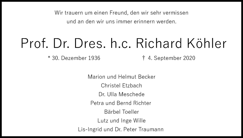  Traueranzeige für Richard Köhler vom 19.09.2020 aus Kölner Stadt-Anzeiger / Kölnische Rundschau / Express