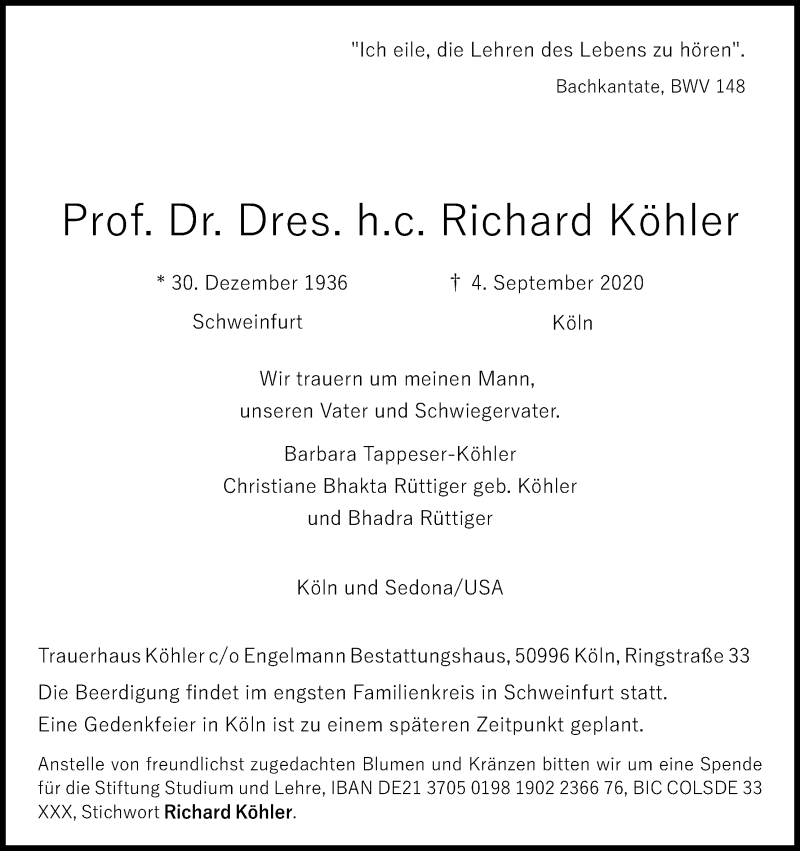  Traueranzeige für Richard Köhler vom 19.09.2020 aus Kölner Stadt-Anzeiger / Kölnische Rundschau / Express