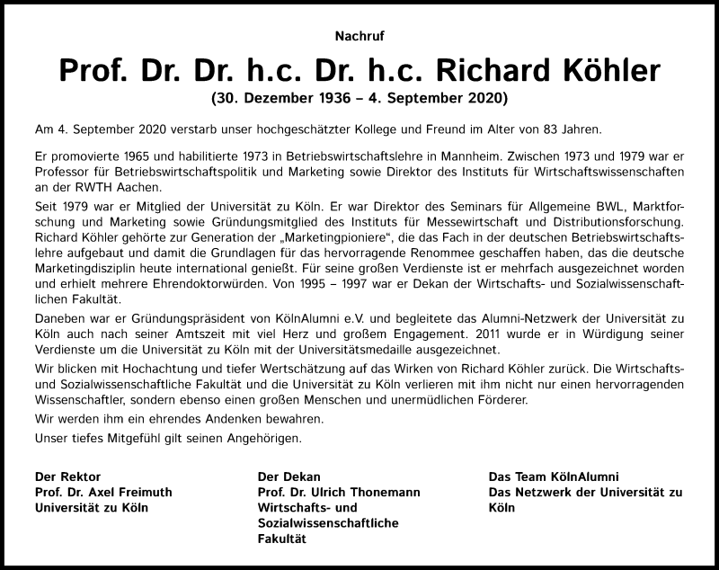  Traueranzeige für Richard Köhler vom 26.09.2020 aus Kölner Stadt-Anzeiger / Kölnische Rundschau / Express