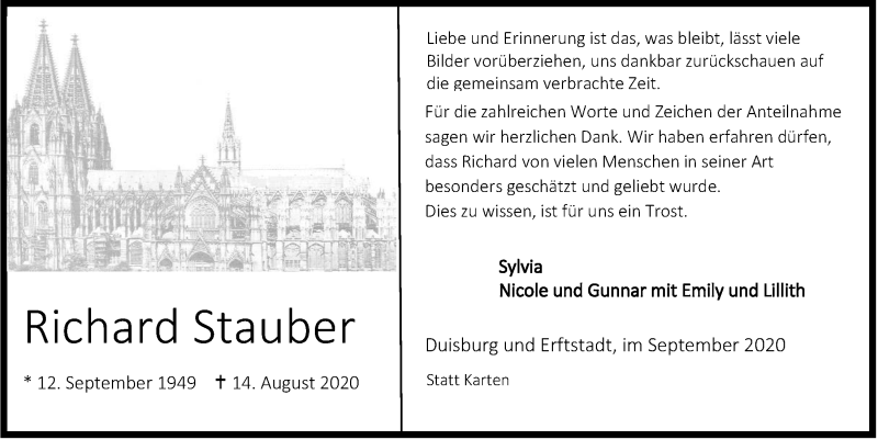  Traueranzeige für Richard Stauber vom 18.09.2020 aus  Wochenende 