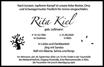 Anzeige von Rita Kiel von Kölner Stadt-Anzeiger / Kölnische Rundschau / Express