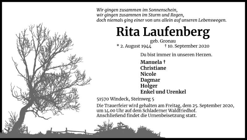  Traueranzeige für Rita Laufenberg vom 19.09.2020 aus Kölner Stadt-Anzeiger / Kölnische Rundschau / Express
