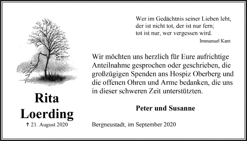  Traueranzeige für Rita Loerding vom 25.09.2020 aus  Anzeigen Echo 