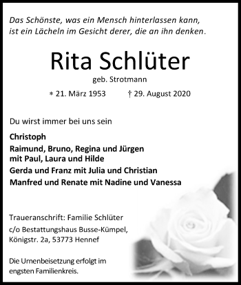 Anzeige von Rita Schlüter von Kölner Stadt-Anzeiger / Kölnische Rundschau / Express