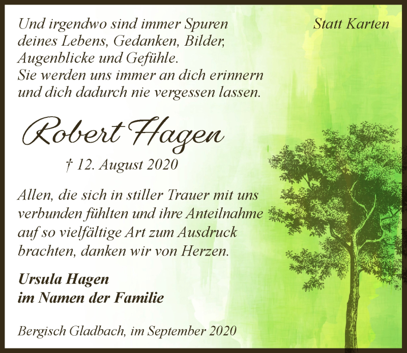  Traueranzeige für Robert Hagen vom 11.09.2020 aus  Bergisches Handelsblatt 