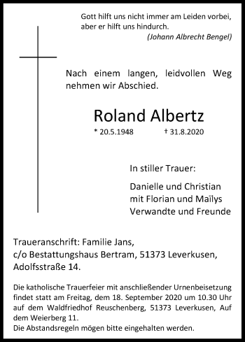 Anzeige von Roland Albertz von Kölner Stadt-Anzeiger / Kölnische Rundschau / Express