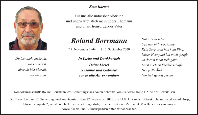  Traueranzeige für Roland Borrmann vom 19.09.2020 aus Kölner Stadt-Anzeiger / Kölnische Rundschau / Express