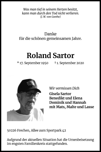 Anzeige von Roland Sartor von Kölner Stadt-Anzeiger / Kölnische Rundschau / Express