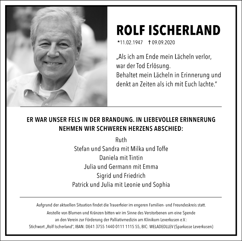  Traueranzeige für Rolf Ischerland vom 19.09.2020 aus Kölner Stadt-Anzeiger / Kölnische Rundschau / Express