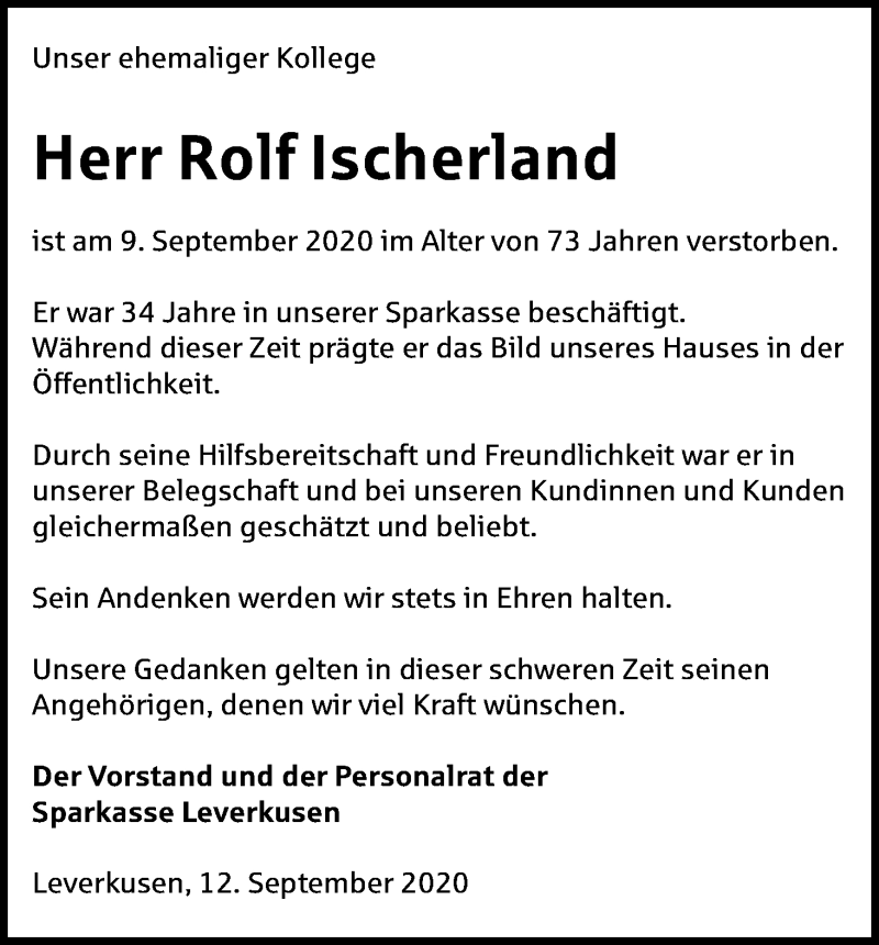  Traueranzeige für Rolf Ischerland vom 12.09.2020 aus Kölner Stadt-Anzeiger / Kölnische Rundschau / Express