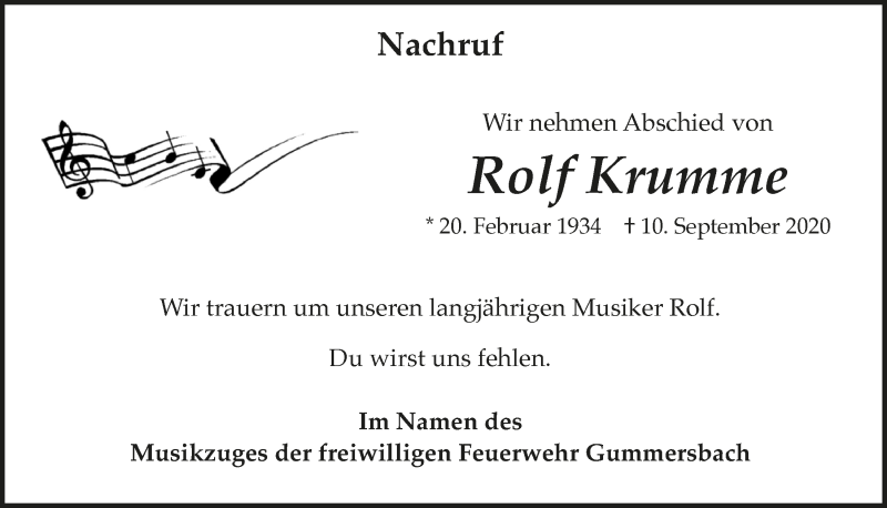  Traueranzeige für Rolf Krumme vom 25.09.2020 aus  Anzeigen Echo 