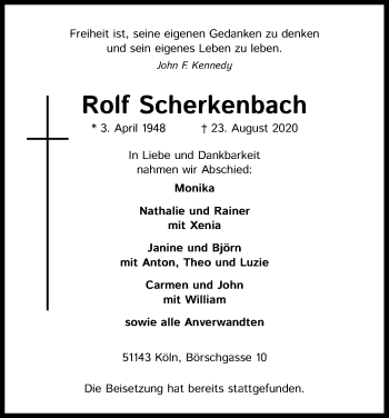 Anzeige von Rolf Scherkenbach von Kölner Stadt-Anzeiger / Kölnische Rundschau / Express