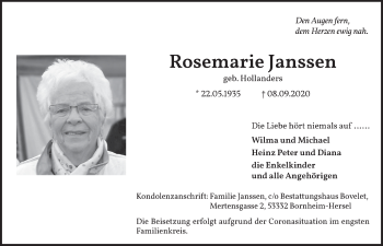 Anzeige von Rosemarie Janssen von  Schaufenster/Blickpunkt  Schlossbote/Werbekurier 