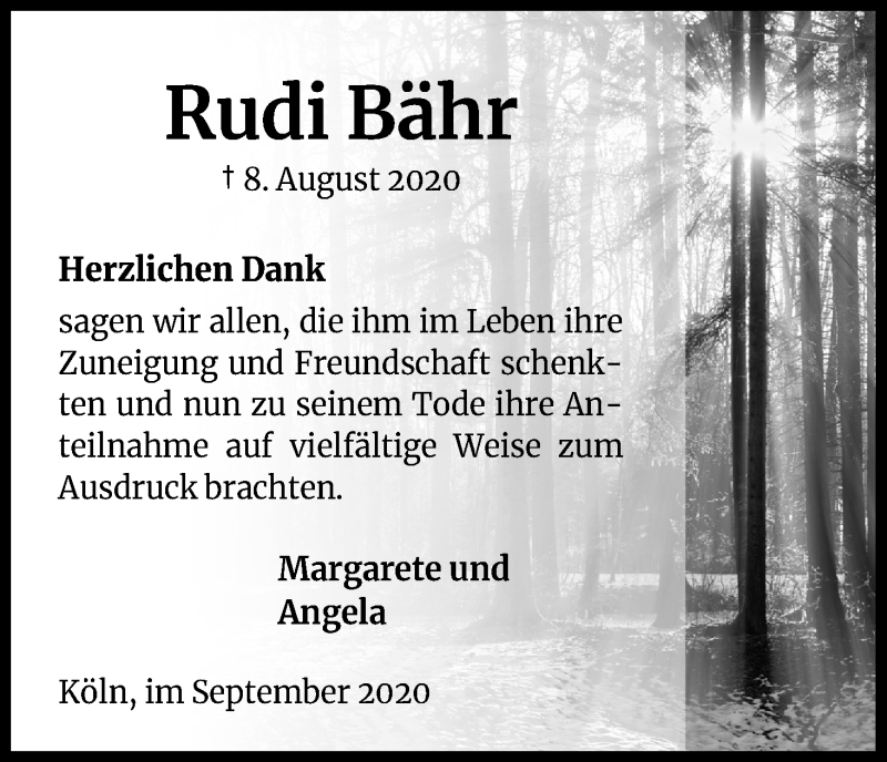  Traueranzeige für Rudi Bähr vom 12.09.2020 aus Kölner Stadt-Anzeiger / Kölnische Rundschau / Express