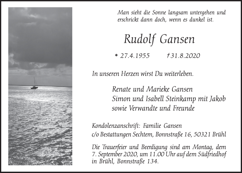  Traueranzeige für Rudolf Gansen vom 04.09.2020 aus  Schlossbote/Werbekurier 
