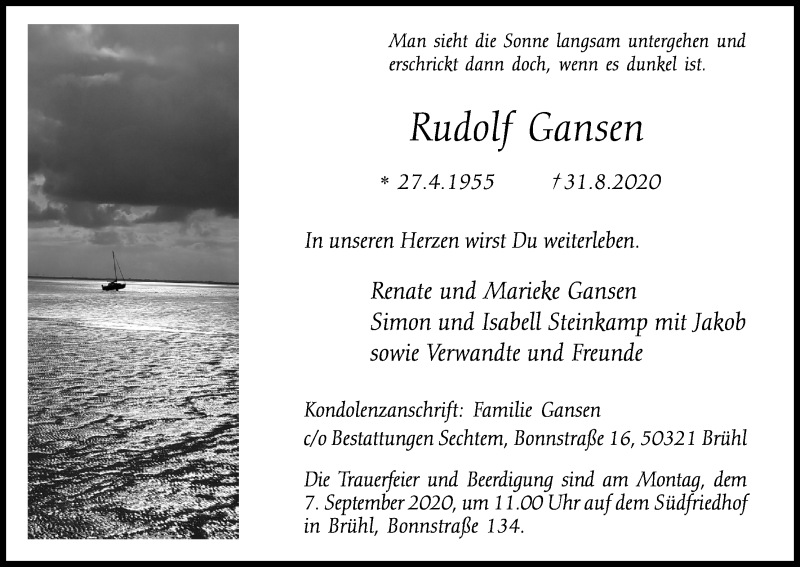  Traueranzeige für Rudolf Gansen vom 04.09.2020 aus Kölner Stadt-Anzeiger / Kölnische Rundschau / Express