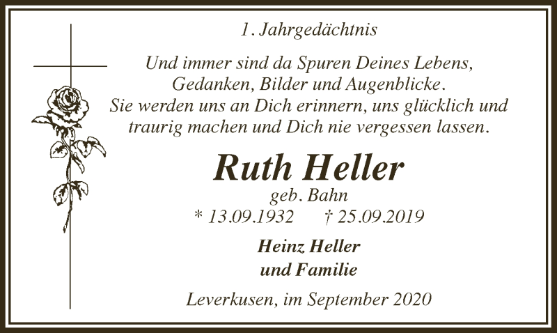  Traueranzeige für Ruth Heller vom 25.09.2020 aus  Lokale Informationen 