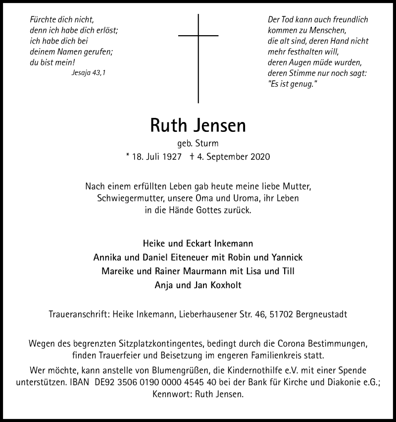  Traueranzeige für Ruth Jensen vom 09.09.2020 aus Kölner Stadt-Anzeiger / Kölnische Rundschau / Express