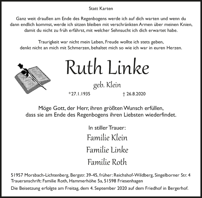  Traueranzeige für Ruth Linke vom 04.09.2020 aus  Anzeigen Echo  Lokalanzeiger 