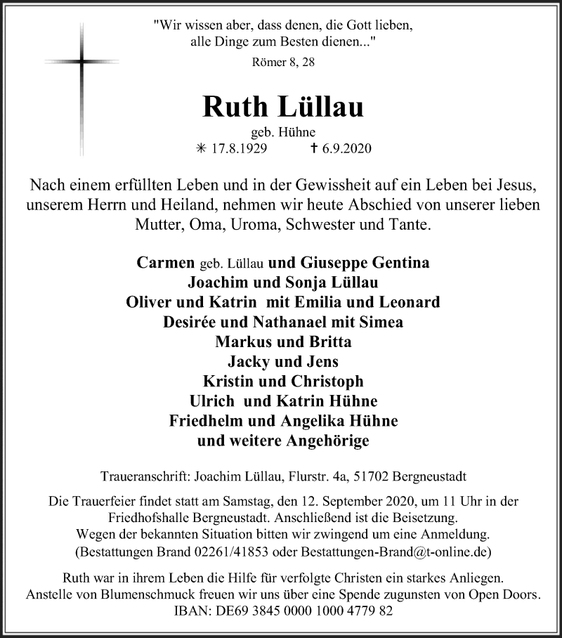  Traueranzeige für Ruth Lüllau vom 09.09.2020 aus Kölner Stadt-Anzeiger / Kölnische Rundschau / Express